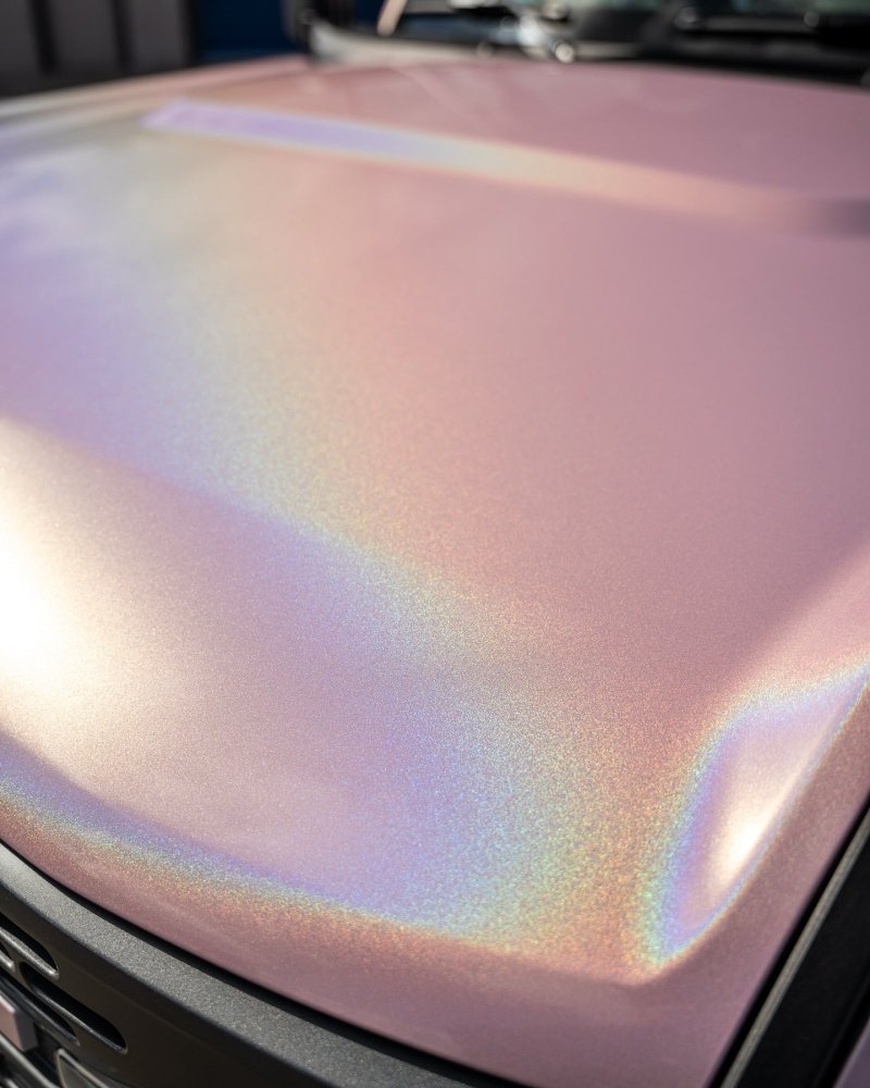 Shiny iridescent blush pink wrap finish
