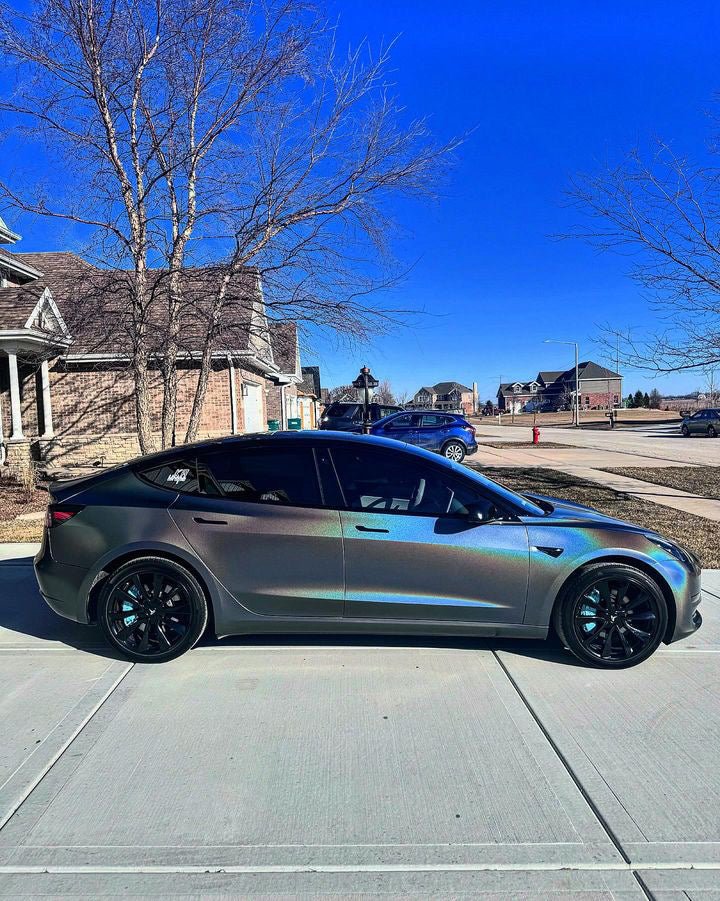 Grey iridescent car wrap with satin finish