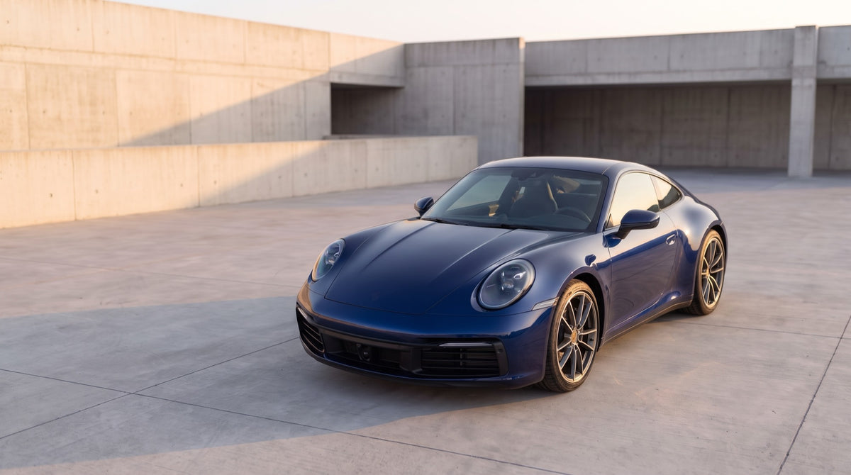 A sports coupe in factory midnight blue paint on a concrete parking deck